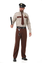 Sheriff uniform couples Halloween costume with beige shirt, brown tie, black peaked cap and brown striped trousers - view 2