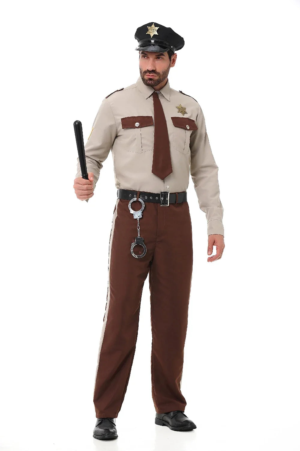 Sheriff uniform couples Halloween costume with beige shirt, brown tie, black peaked cap and brown striped trousers - view 2