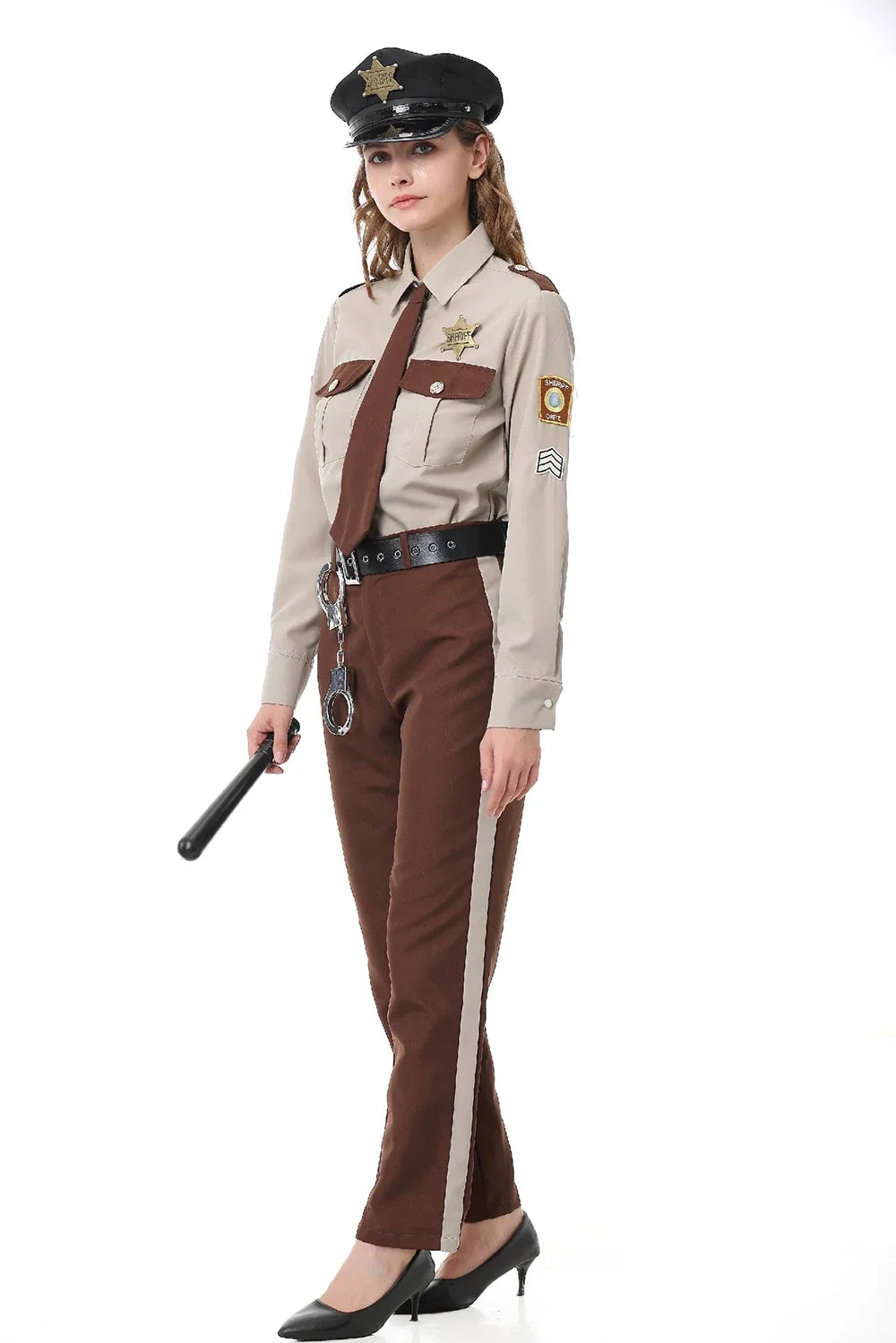 Sheriff uniform couples Halloween costume with beige shirt, brown tie, black peaked cap and brown striped trousers - view 3