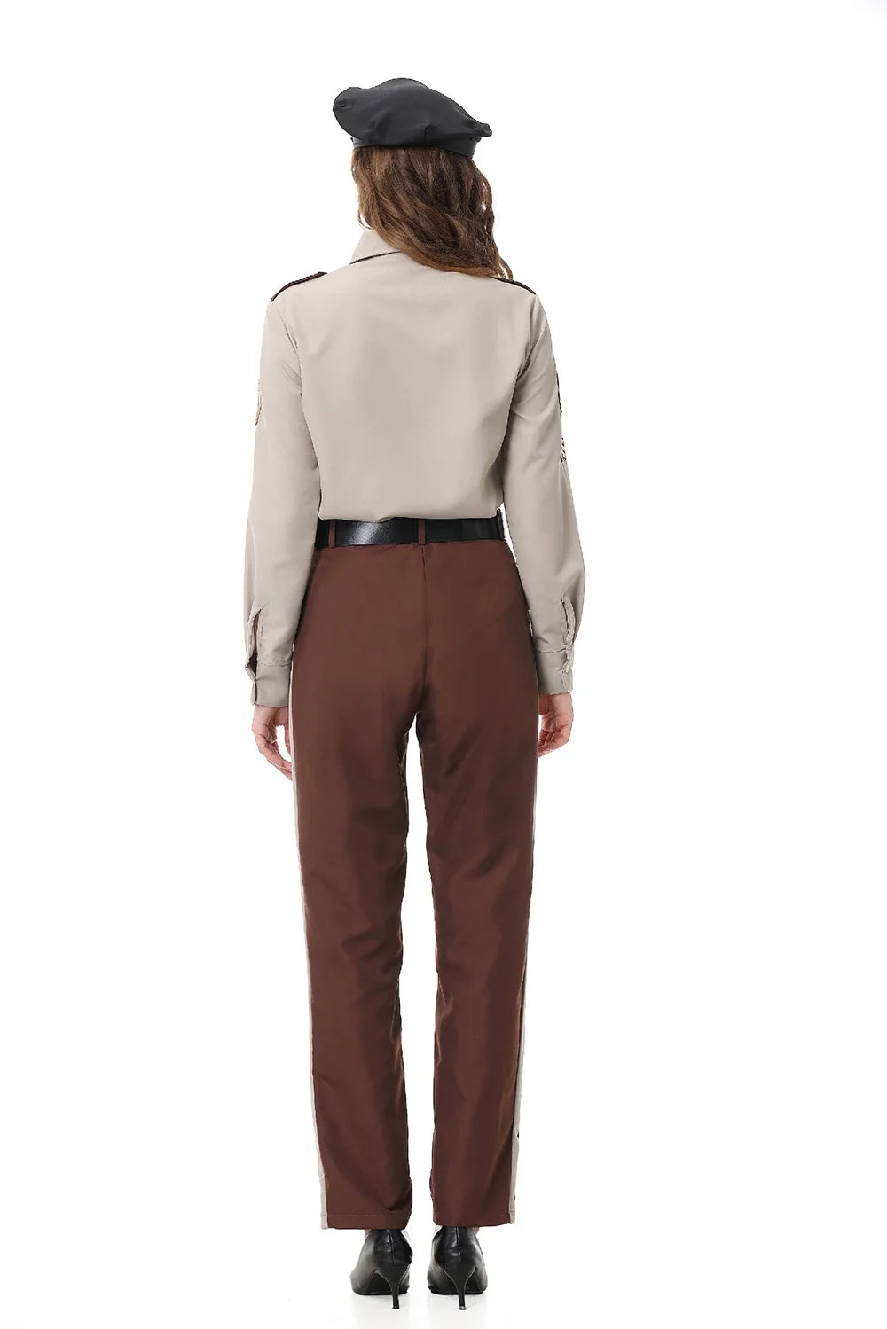 Sheriff uniform couples Halloween costume with beige shirt, brown tie, black peaked cap and brown striped trousers - view 4