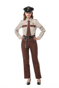 Sheriff uniform couples Halloween costume with beige shirt, brown tie, black peaked cap and brown striped trousers - view 7
