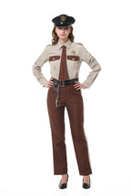 Sheriff uniform couples Halloween costume with beige shirt, brown tie, black peaked cap and brown striped trousers - view 7