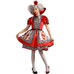 Women's playing card queen Halloween costume dress with red velvet bodice, puff sleeves, heart collar and checkered satin skirt