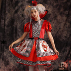 Women's playing card queen Halloween costume dress with red velvet bodice, puff sleeves, heart collar and checkered satin skirt - view 2
