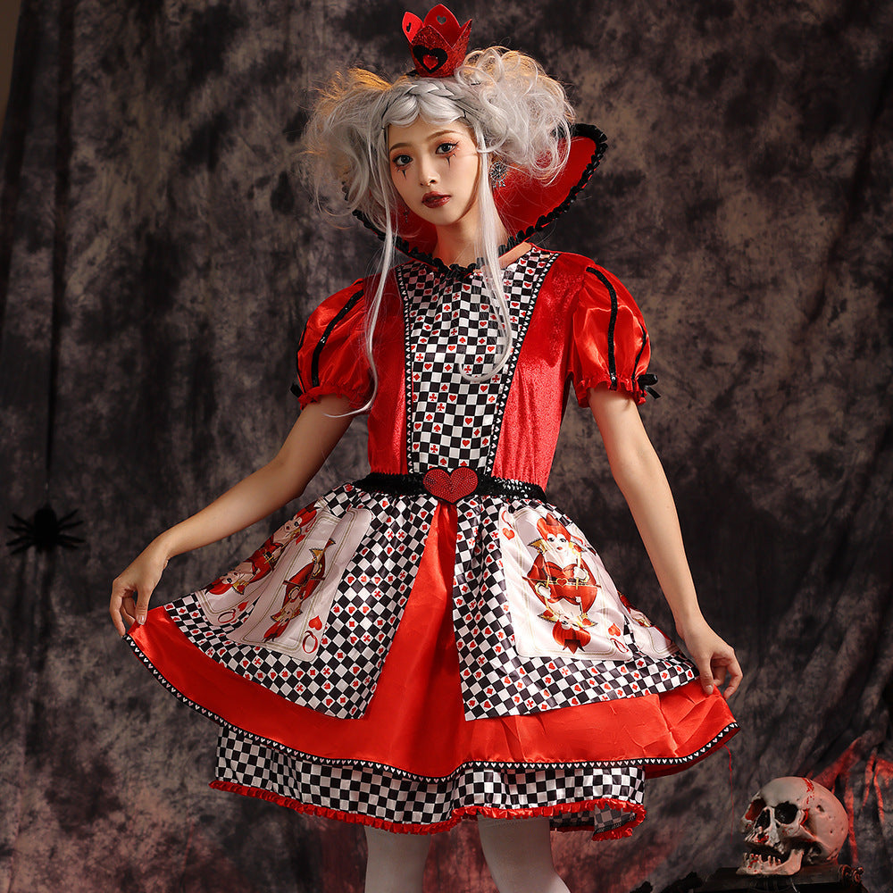 Women's playing card queen Halloween costume dress with red velvet bodice, puff sleeves, heart collar and checkered satin skirt - view 2