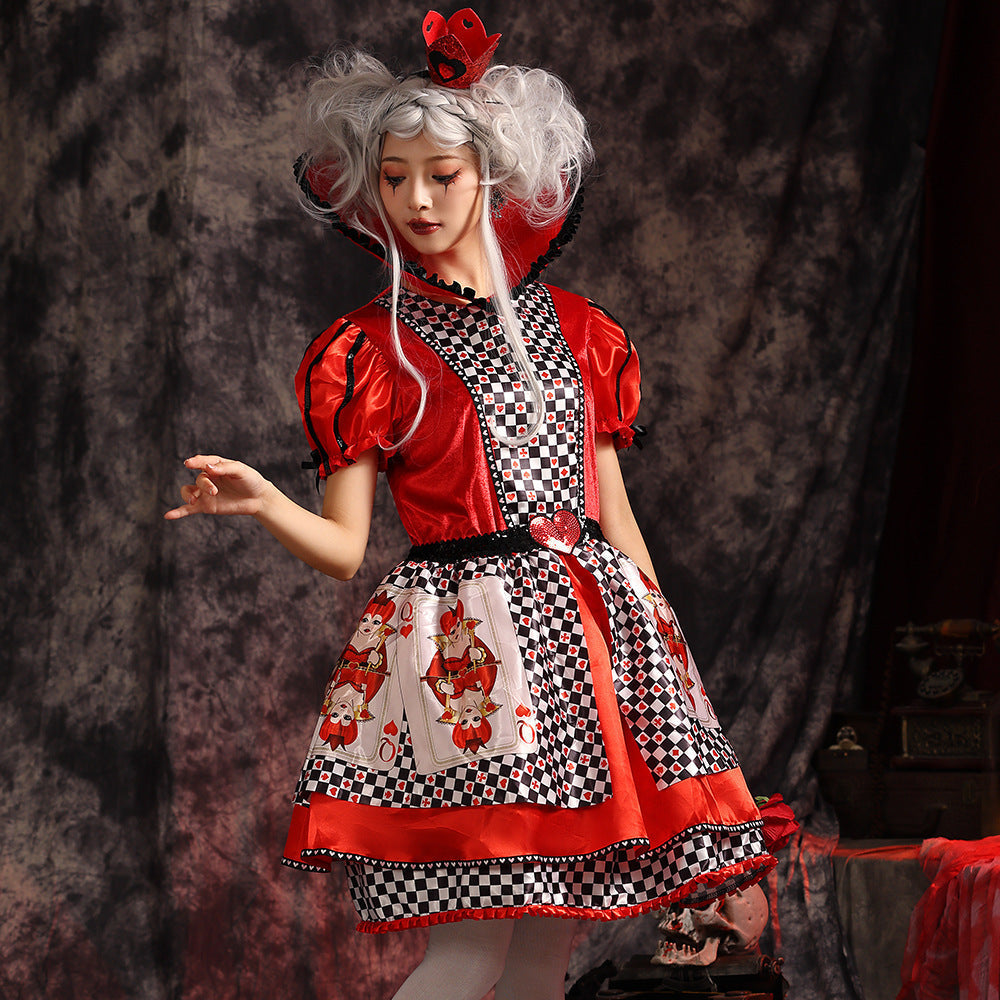 Women's playing card queen Halloween costume dress with red velvet bodice, puff sleeves, heart collar and checkered satin skirt - view 3