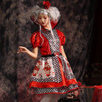 Women's playing card queen Halloween costume dress with red velvet bodice, puff sleeves, heart collar and checkered satin skirt - view 3