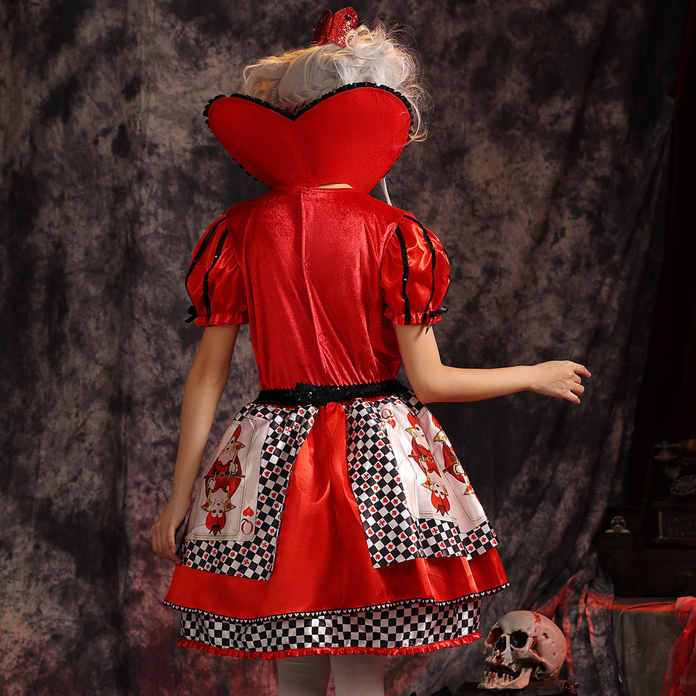 Women's playing card queen Halloween costume dress with red velvet bodice, puff sleeves, heart collar and checkered satin skirt - view 4
