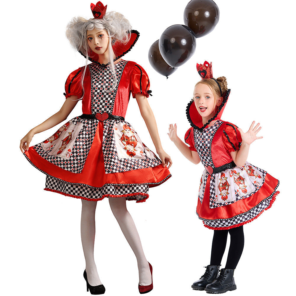 Women's playing card queen Halloween costume dress with red velvet bodice, puff sleeves, heart collar and checkered satin skirt - view 5