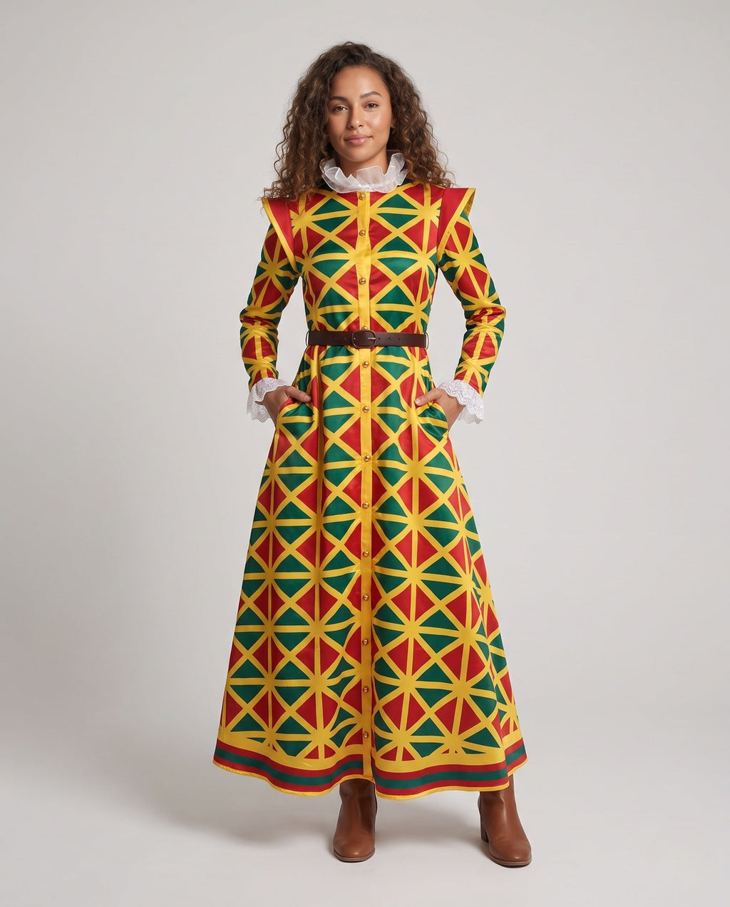Women's harlequin geometric print Halloween costume set in red, yellow and green with ruffled collar and brown belt