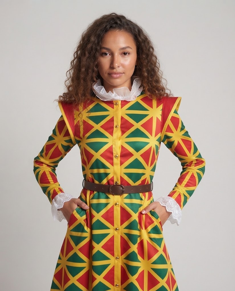 Women's harlequin geometric print Halloween costume set in red, yellow and green with ruffled collar and brown belt - view 2