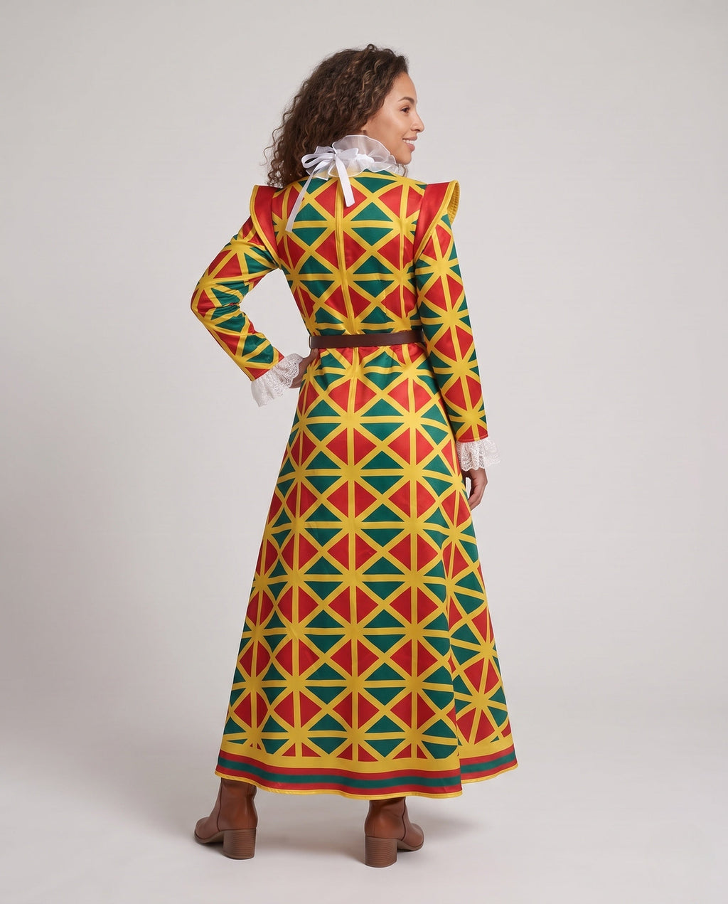 Women's harlequin geometric print Halloween costume set in red, yellow and green with ruffled collar and brown belt - view 3