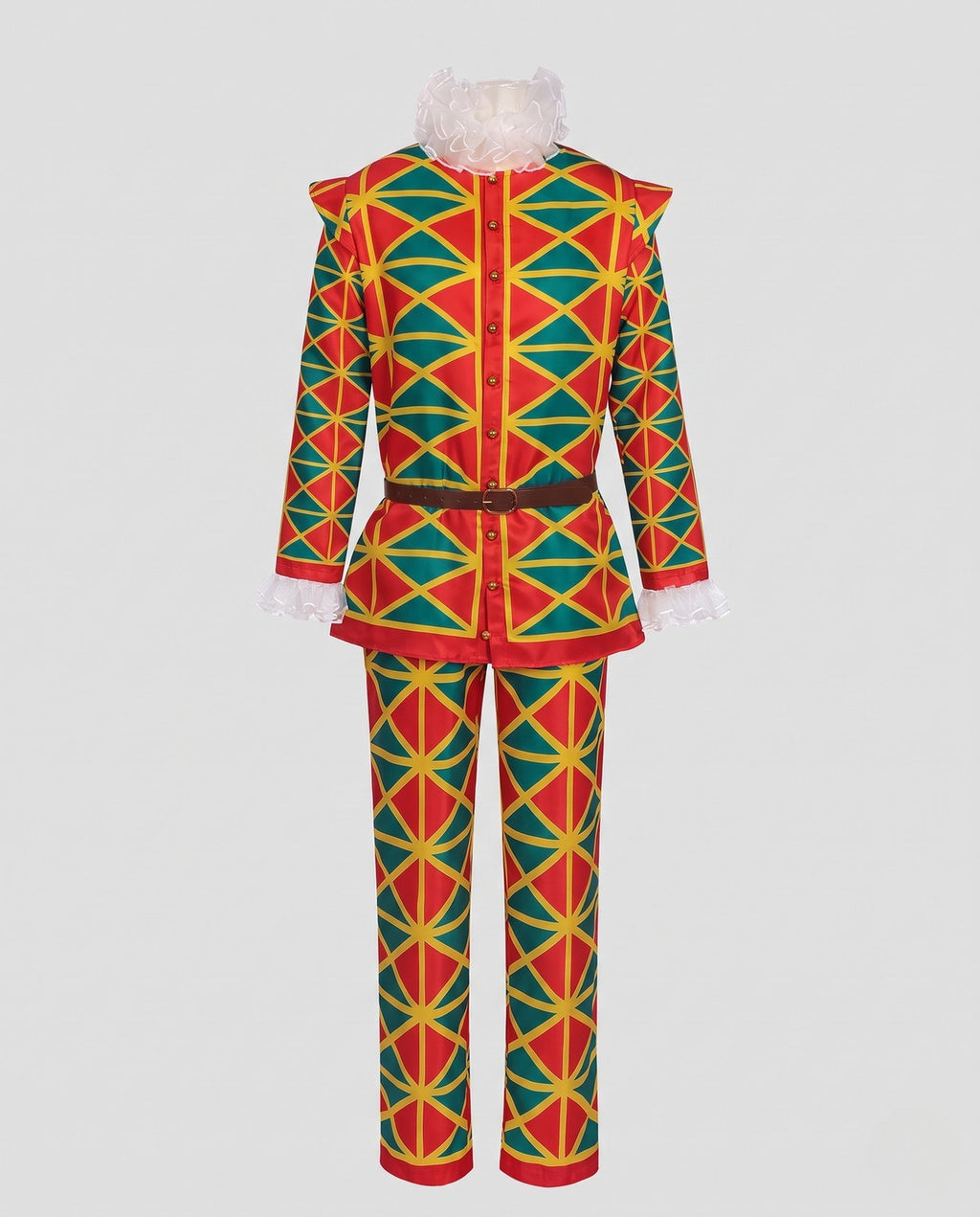 Women's harlequin geometric print Halloween costume set in red, yellow and green with ruffled collar and brown belt - view 4