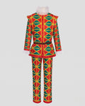 Women's harlequin geometric print Halloween costume set in red, yellow and green with ruffled collar and brown belt - view 4