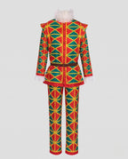 Women's harlequin geometric print Halloween costume set in red, yellow and green with ruffled collar and brown belt - view 4