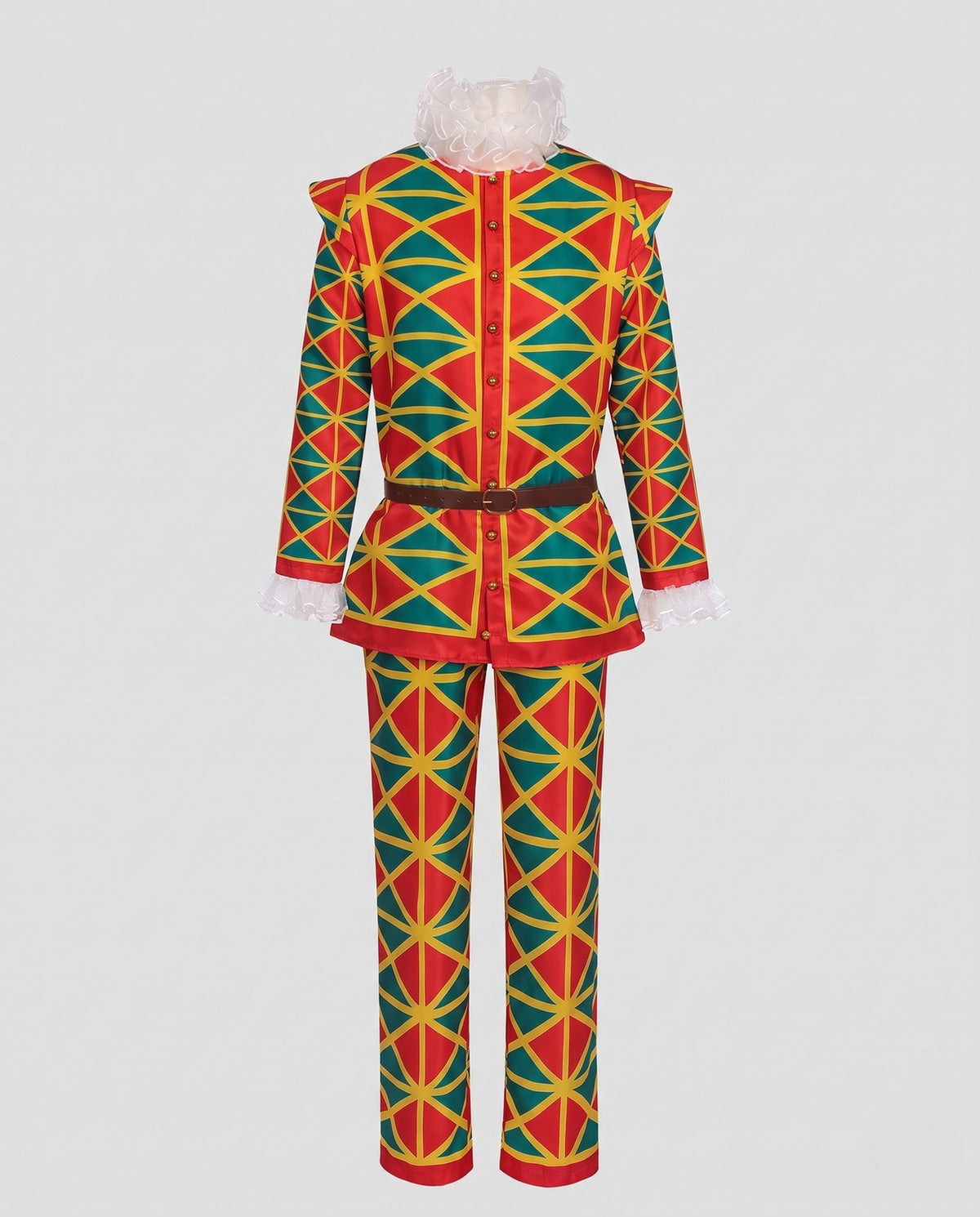 Women's harlequin geometric print Halloween costume set in red, yellow and green with ruffled collar and brown belt - view 4