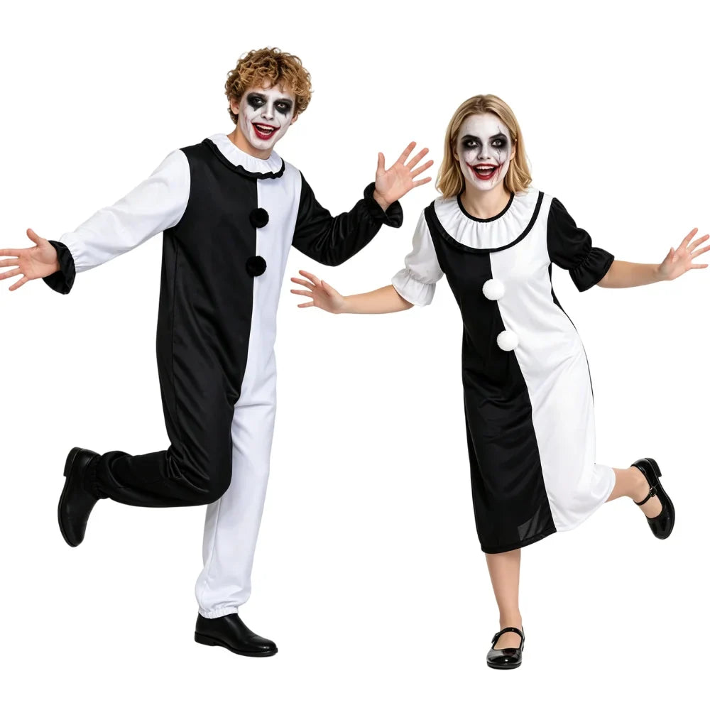 Black and white split clown costume with ruffle collar and pom-poms, jumpsuit and dress
