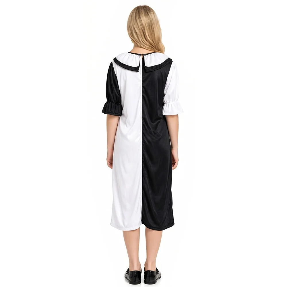 Black and white split clown costume with ruffle collar and pom-poms, jumpsuit and dress - view 2