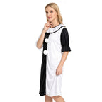 Black and white split clown costume with ruffle collar and pom-poms, jumpsuit and dress - view 3