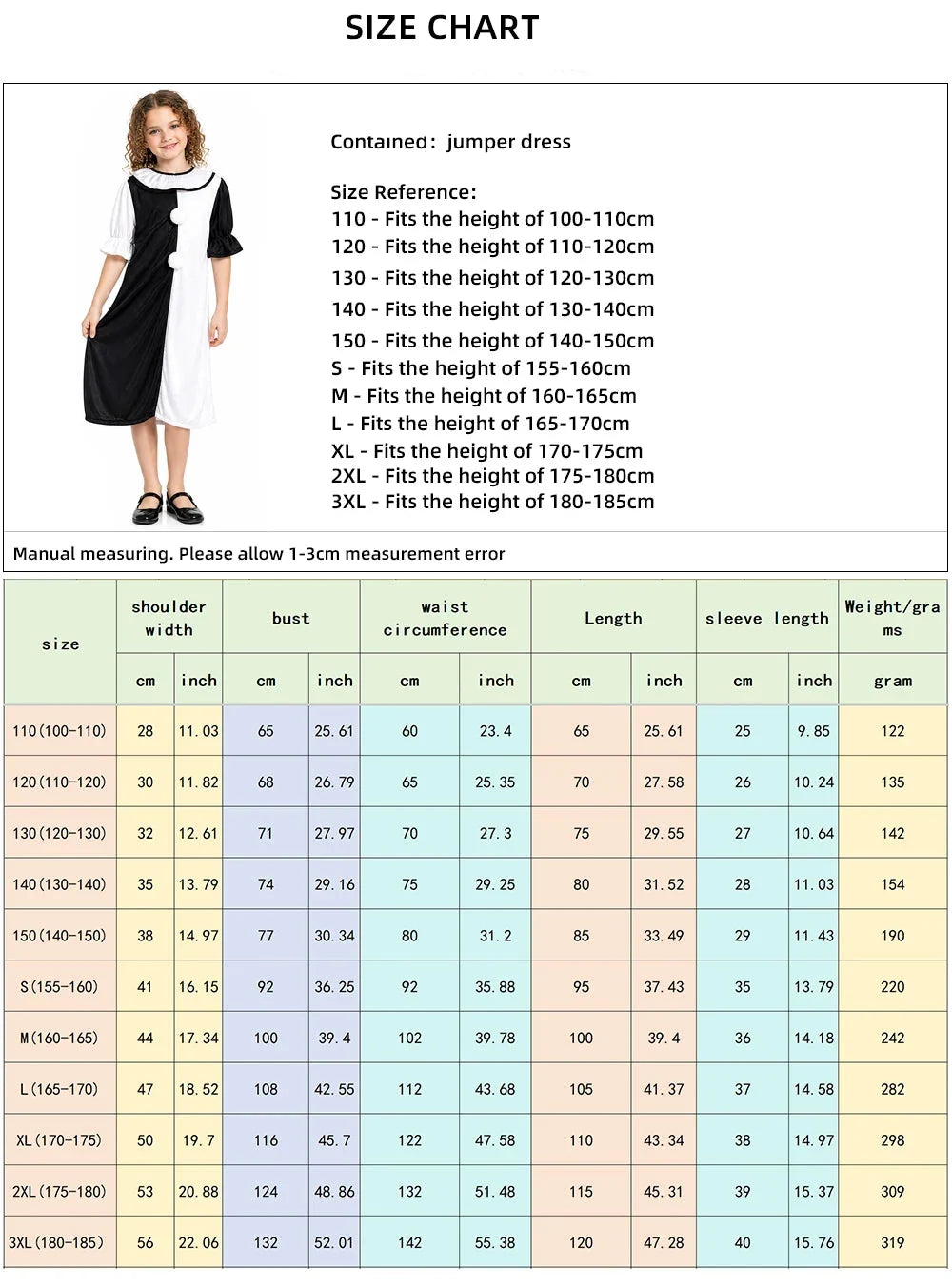 Black and white split clown costume with ruffle collar and pom-poms, jumpsuit and dress - view 6