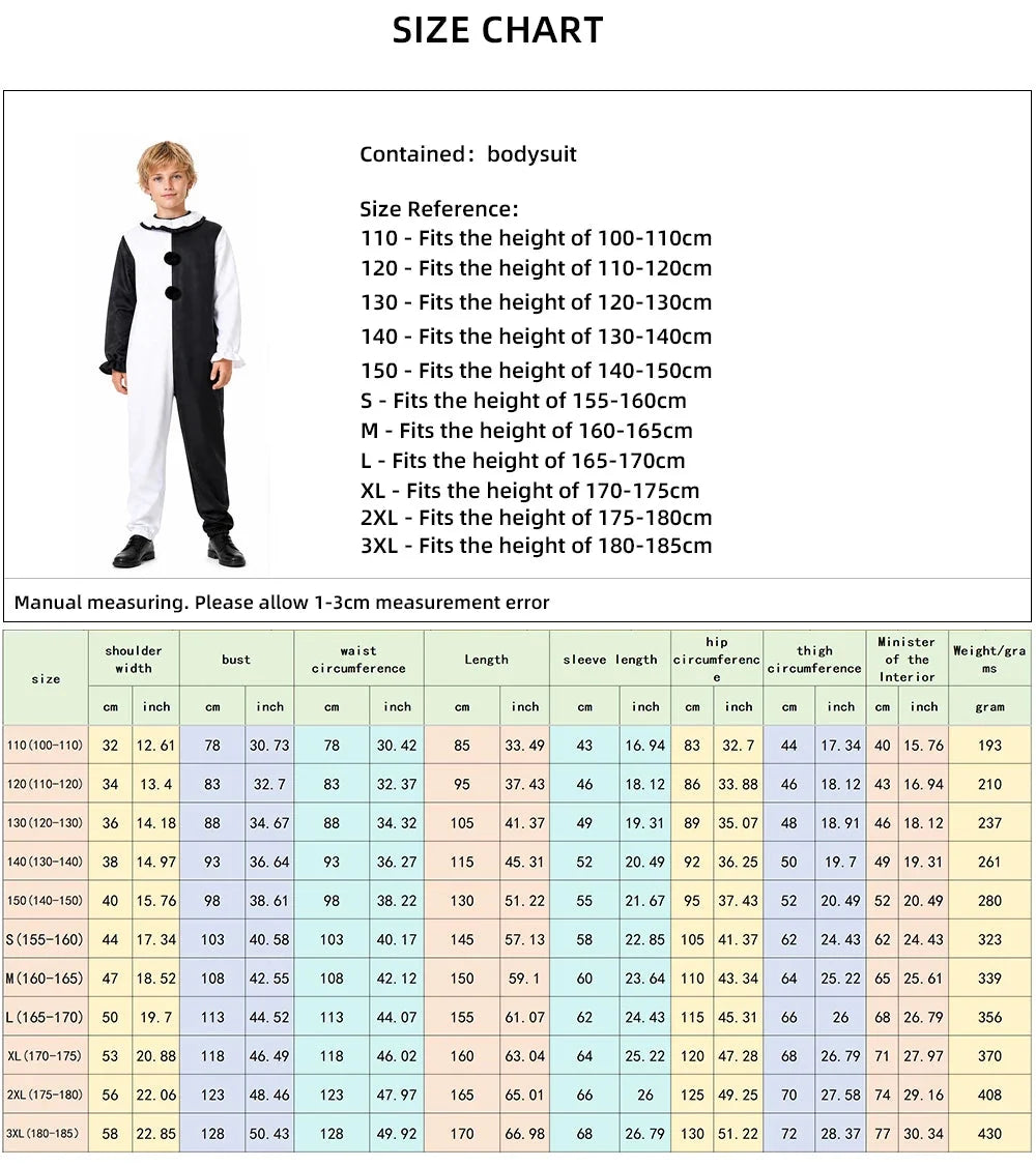 Black and white split clown costume with ruffle collar and pom-poms, jumpsuit and dress - view 7
