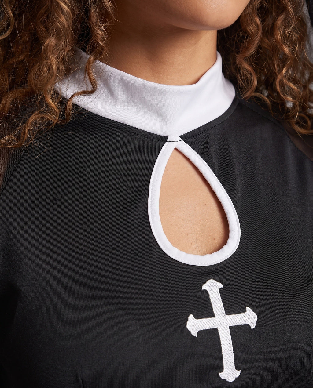 Black nun Halloween costume mini dress with white collar, keyhole, embroidered cross and sheer mesh bell sleeves - view 2