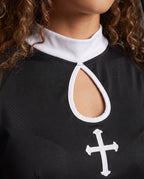 Black nun Halloween costume mini dress with white collar, keyhole, embroidered cross and sheer mesh bell sleeves - view 2