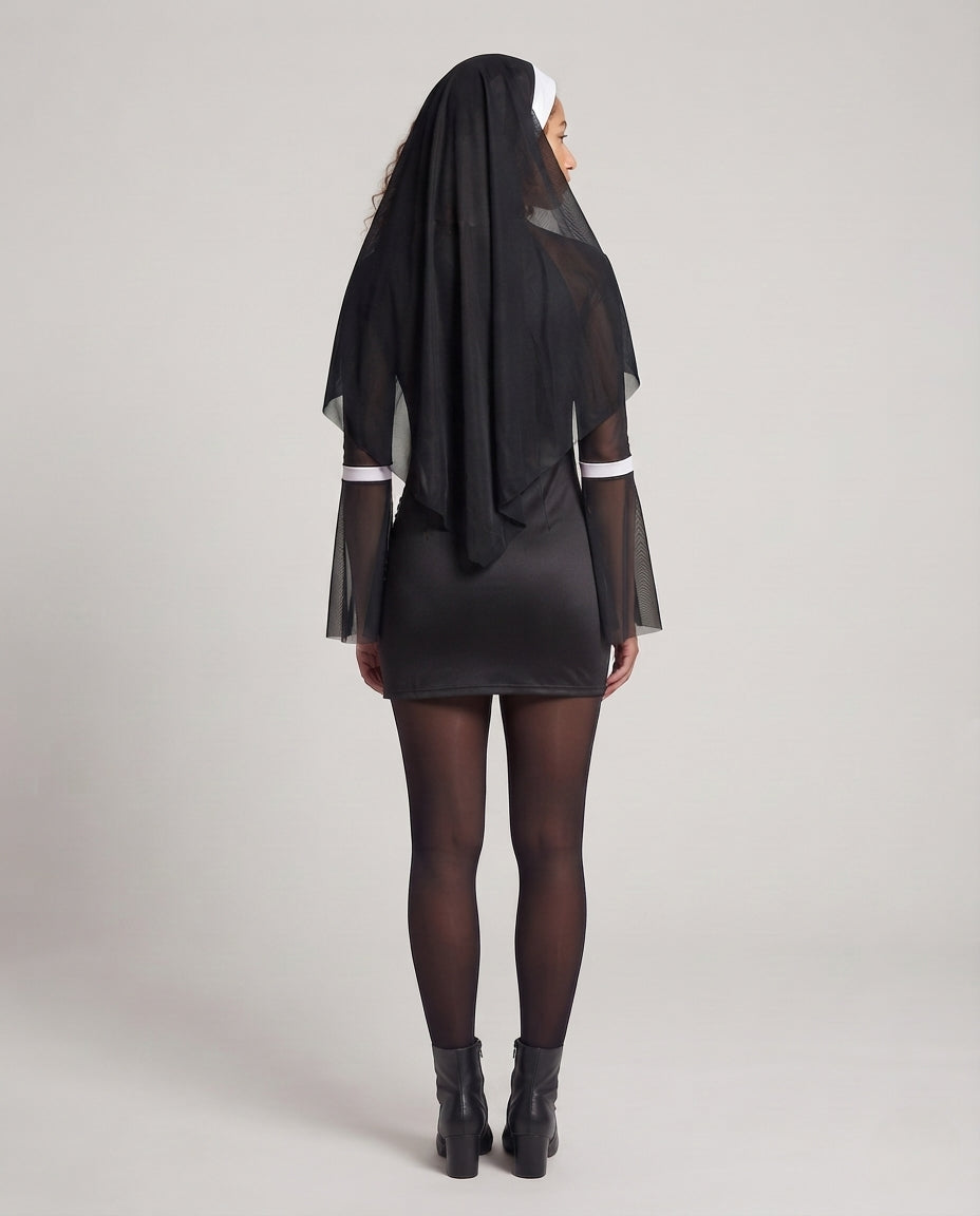 Black nun Halloween costume mini dress with white collar, keyhole, embroidered cross and sheer mesh bell sleeves - view 3