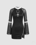 Black nun Halloween costume mini dress with white collar, keyhole, embroidered cross and sheer mesh bell sleeves - view 4
