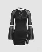 Black nun Halloween costume mini dress with white collar, keyhole, embroidered cross and sheer mesh bell sleeves - view 4