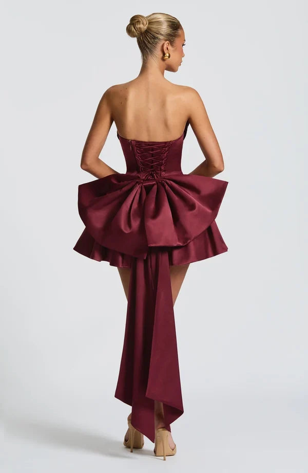 Strapless satin mini dress with draped neckline and oversized back bow - view 10