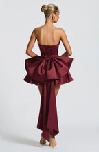 Strapless satin mini dress with draped neckline and oversized back bow - view 10