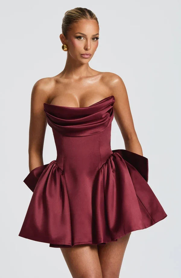 Strapless satin mini dress with draped neckline and oversized back bow - view 13