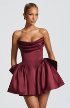 Strapless satin mini dress with draped neckline and oversized back bow - view 13