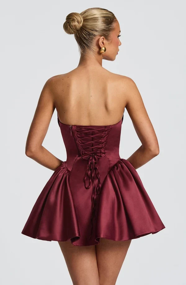 Strapless satin mini dress with draped neckline and oversized back bow - view 14