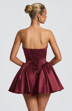 Strapless satin mini dress with draped neckline and oversized back bow - view 14
