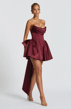 Strapless satin mini dress with draped neckline and oversized back bow - view 15