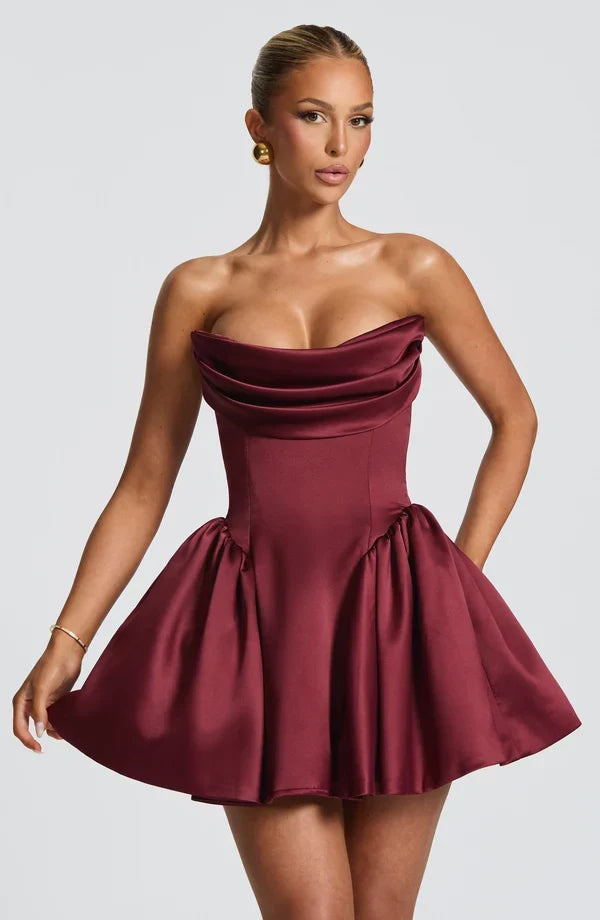 Strapless satin mini dress with draped neckline and oversized back bow - view 16