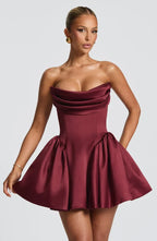 Strapless satin mini dress with draped neckline and oversized back bow - view 16
