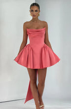 Strapless satin mini dress with draped neckline and oversized back bow - view 17