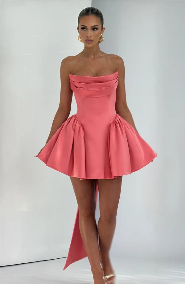 Strapless satin mini dress with draped neckline and oversized back bow - view 17