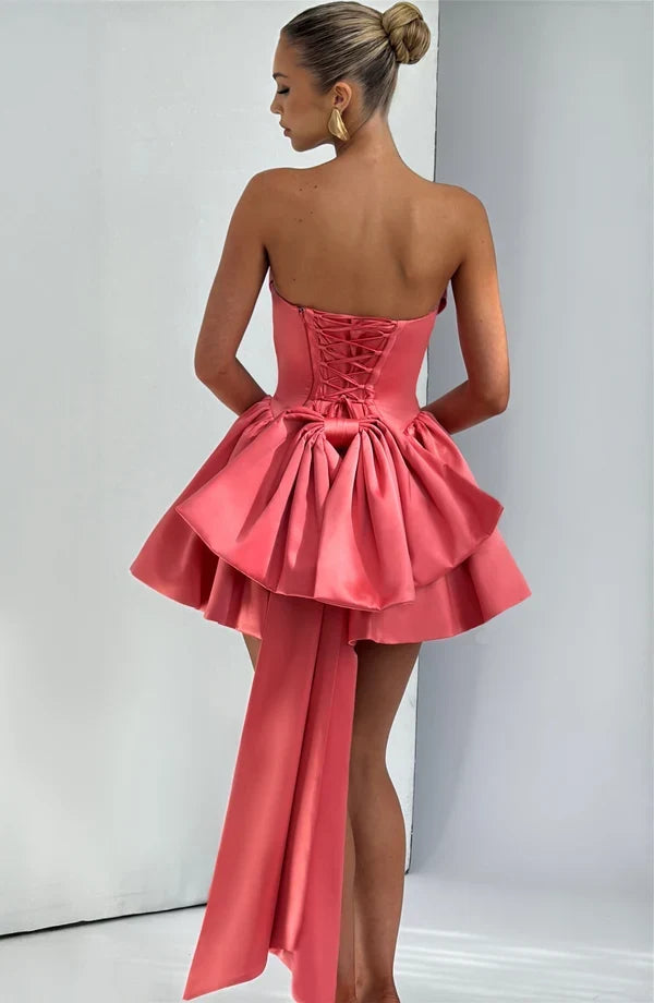 Strapless satin mini dress with draped neckline and oversized back bow - view 18