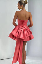 Strapless satin mini dress with draped neckline and oversized back bow - view 18