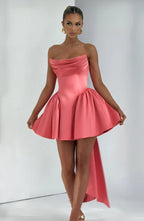 Strapless satin mini dress with draped neckline and oversized back bow - view 19