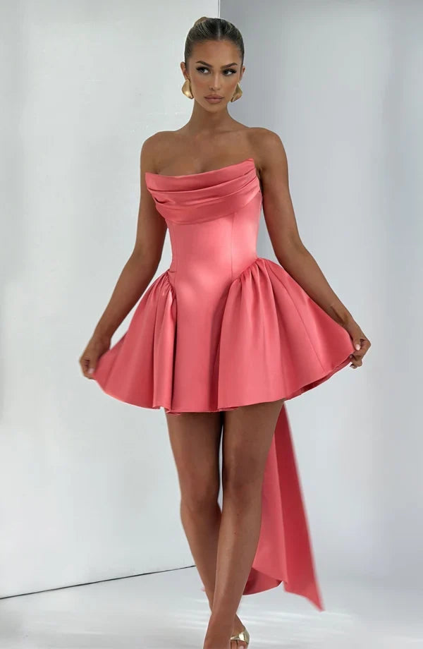 Strapless satin mini dress with draped neckline and oversized back bow - view 19