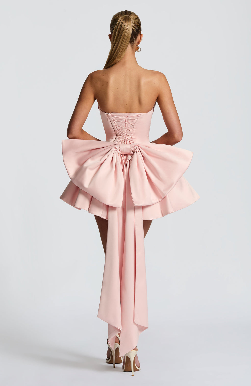 Strapless satin mini dress with draped neckline and oversized back bow - view 2