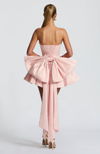 Strapless satin mini dress with draped neckline and oversized back bow - view 2