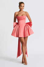 Strapless satin mini dress with draped neckline and oversized back bow - view 20