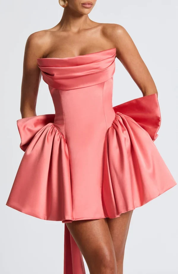Strapless satin mini dress with draped neckline and oversized back bow - view 21