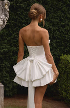 Strapless satin mini dress with draped neckline and oversized back bow - view 23
